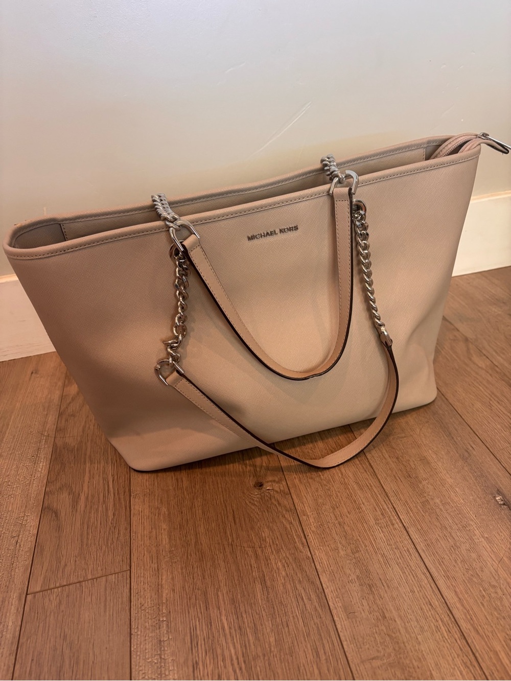 Michael Kors Neutral Beige Leather Tote with Silver Chain Straps